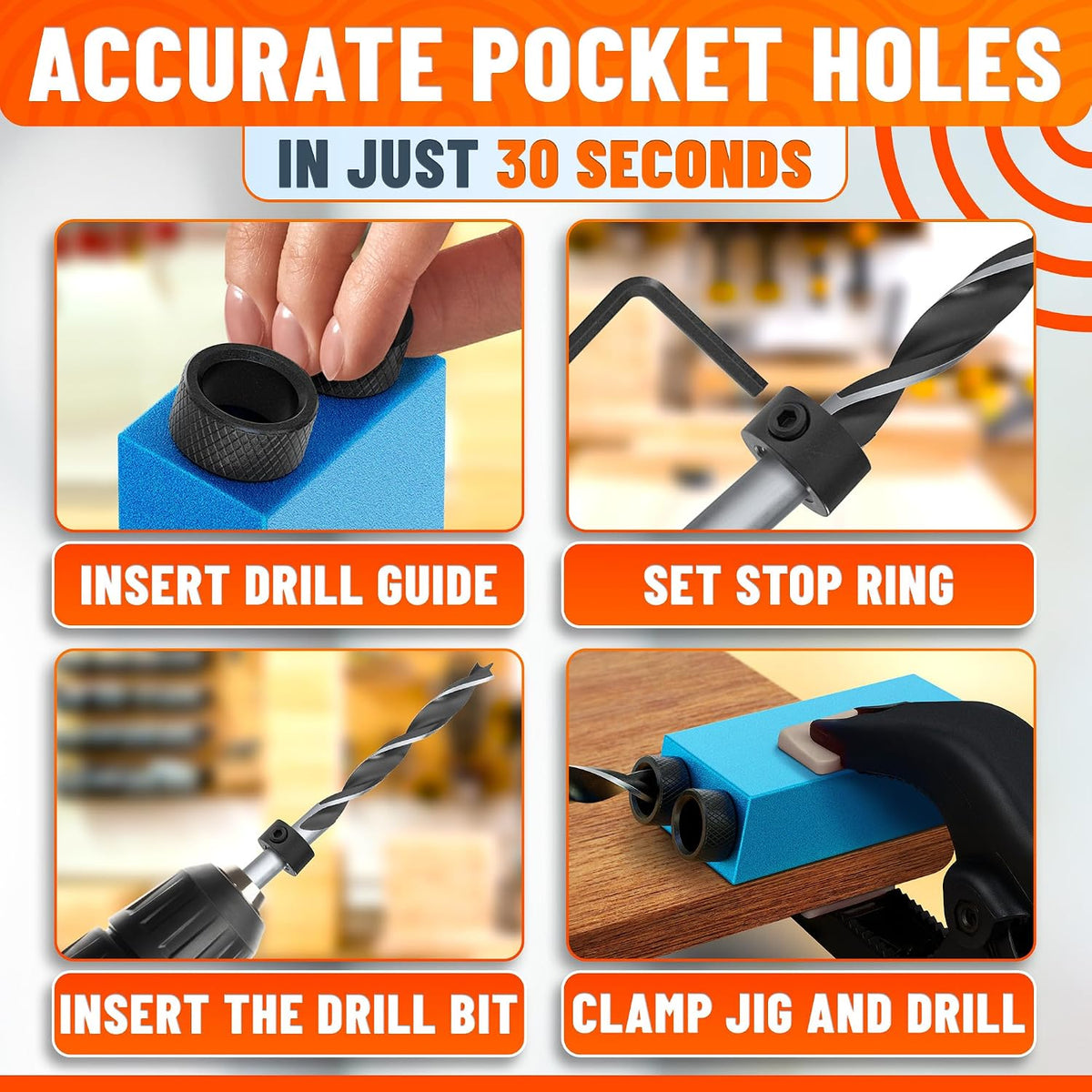 14 Pcs Pocket Hole Jig Kit, 15° Angle Drill Guide