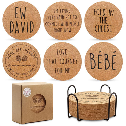 Cork coasters for drinks set with holder