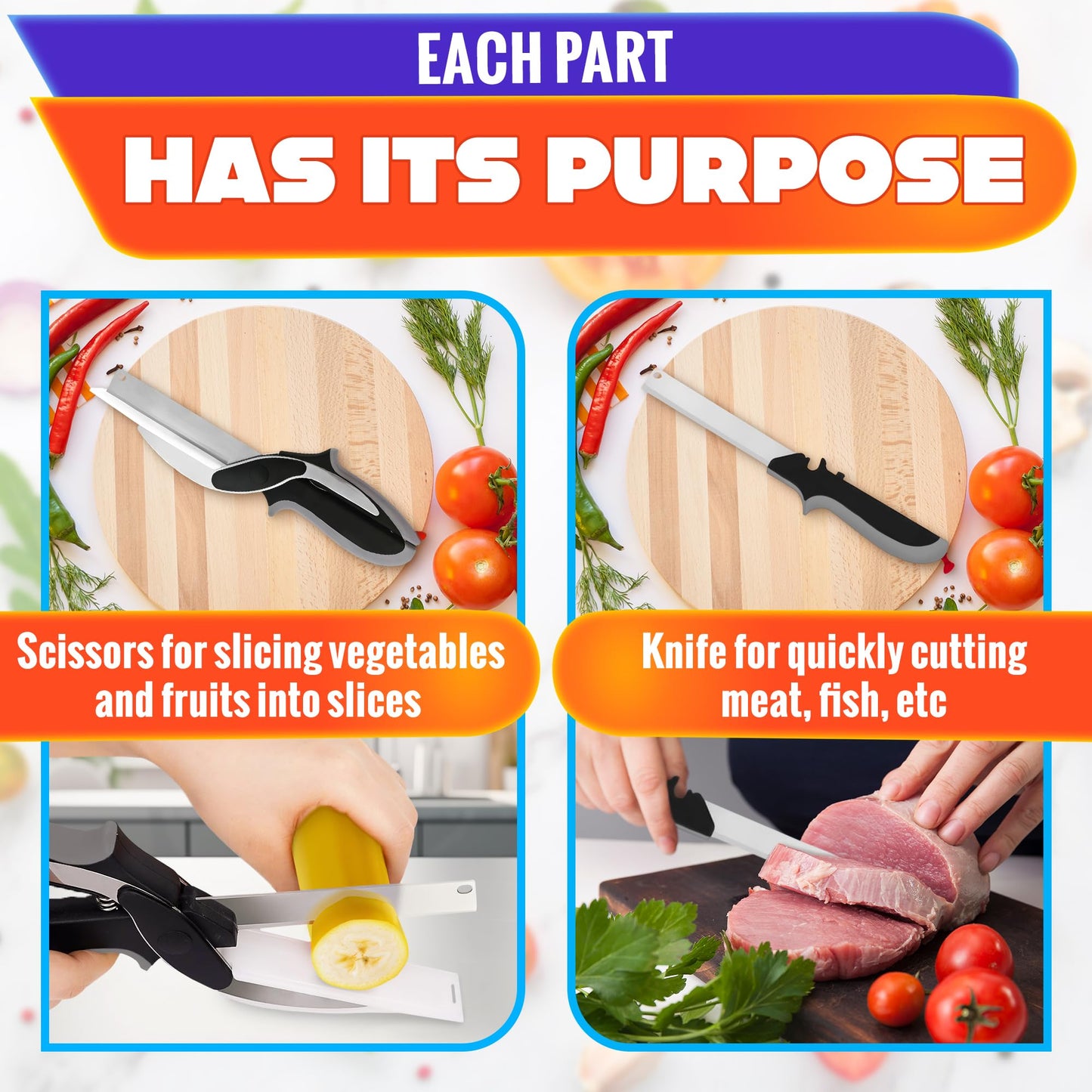 Food chopper knife and cutting board scissors