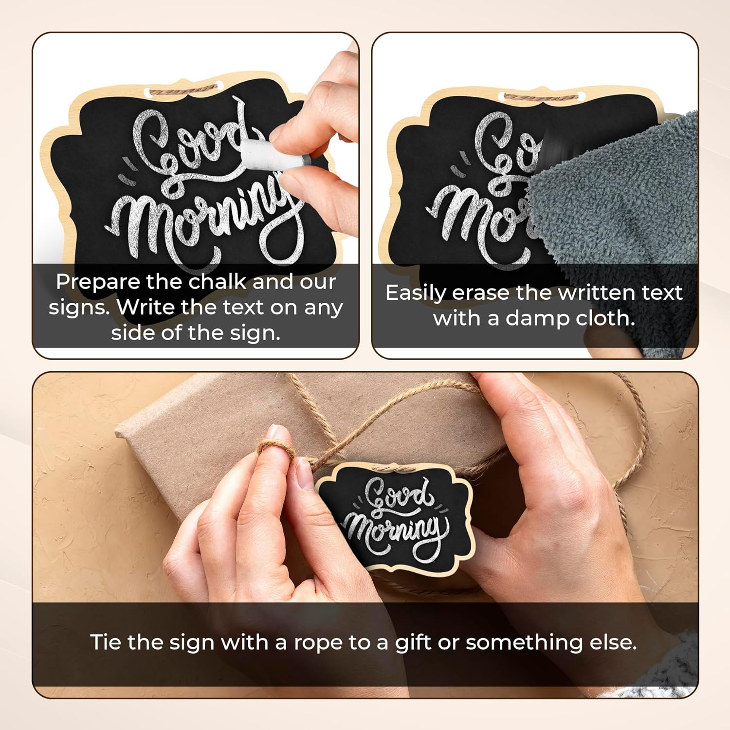 Small chalkboard sign with string food labels